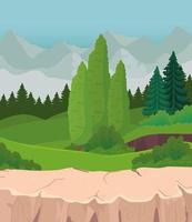 landscape with pine trees and shrubs in front of mountains vector design