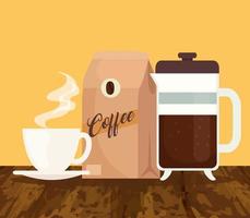 coffee brewing methods, cup with bag and teapot vector