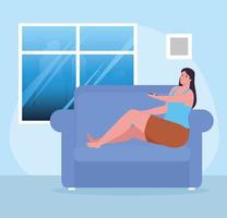 woman on the couch holding the remote at home vector design