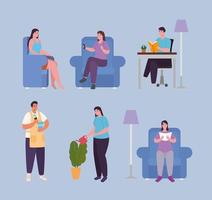 people doing activities at home icon set vector design