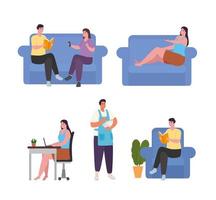 people doing activities at home icon collection vector design