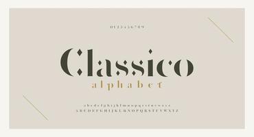 elegante alfabeto letras fuente serif y número. letras clásicas de moda mínima. fuentes tipográficas regulares en mayúsculas, minúsculas y números. ilustración vectorial vector