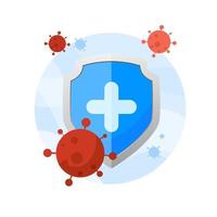 escudo protege del virus corona en el fondo del círculo azul en estilo plano. concepto de diseño de ilustración de salud y medicina. concepto de ataque del virus corona mundial y covid-19.