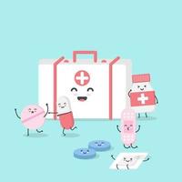Cute cartoon medicine character. isometric drugs, pills, syringe, thermometer, band-aid, dropper and first aid box. illustration design concept of healthcare and medicine. - vector