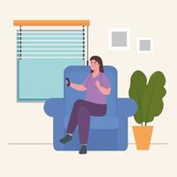 mujer en la silla con control en casa diseño vectorial vector