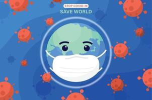 World character wearing protective medical mask with coronavirus around the world. Corona virus and covid-19 outbreaking and pandemic attack concept. vector