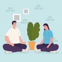 Couple at home with a potted plant vector design