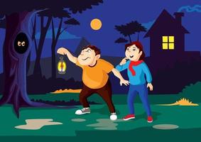 Vector illustration of happy children playing in playground at night