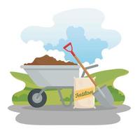 Gardening wheelbarrow, fertilizer bag, and shovel vector design