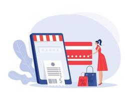 mujer sosteniendo tarjeta de crédito y teléfono y haciendo compras en línea ilustración vectorial. vector