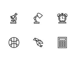 Education Icon Set with Microscope, Table Lamp, Alarm Clock, Basket Ball, Origami Bird and Calculator Icon vector