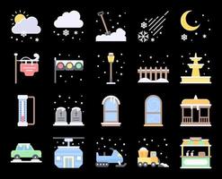 Winter City flat vector icon set