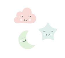 Set of pastel green moon, blue sleepy star and pink cloud for baby room decoration. Childish style colors. Perfect for fabric print logo sign cards banners. Vector kids wall art design