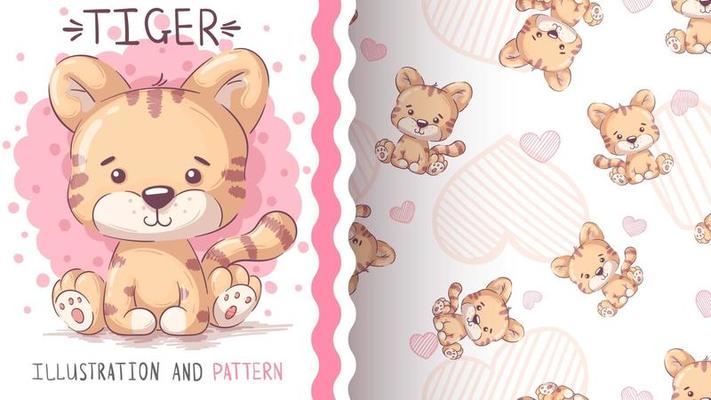Childish cartoon character animal tiger - seamless pattern