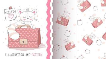 Funny cartoon character animal cat with suitcase - seamless pattern