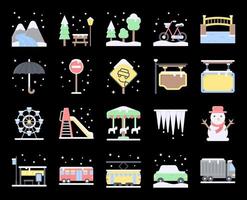 conjunto de iconos de vector plano de ciudad de invierno