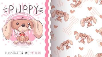 Cartoon character animal pet dog with bone - seamless pattern