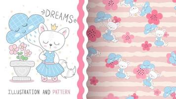 Cute cartoon character animal cat with cloud - seamless pattern