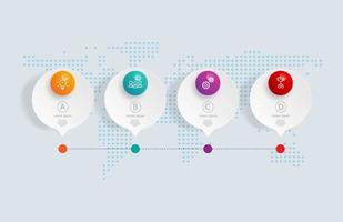 Infografía de línea de tiempo horizontal abstracta, 4 pasos con mapa del mundo para negocios y presentación vector