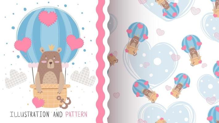 Cartoon character bear in air balloon - seamless pattern