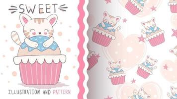 Pretty cartoon character animal cat with cake - seamless pattern