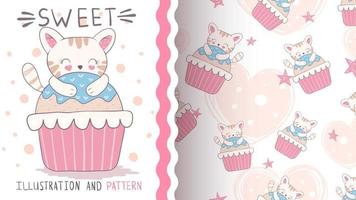 Pretty cartoon character animal cat with cake - seamless pattern vector