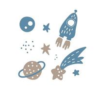 Vector Hand drawn space elements pattern. Space background. Space doodle scandinavian illustration. Cartoon space rockets, planets, stars