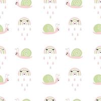 Vector seamless pattern with cute funny rainbow snails in abstract scandinavian style. Colorful endless spring background for textile, wrapping paper, summer invitations, preschool and children room decoration