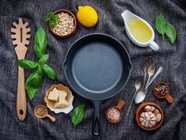 Top view of a skillet with fresh ingredients photo