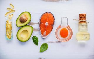 Top view of healthy ingredients on a shabby white background photo