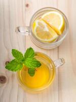 Top view of herbal tea with mint and lemon photo