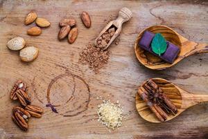 Dessert ingredients on a rustic wood background photo