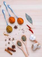 Top view of cooking spices and herbs photo