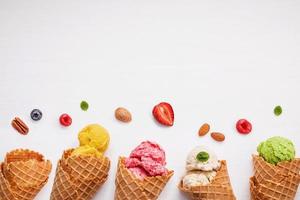Fruit, nuts and ice cream with copy space photo