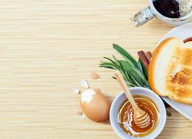 Top view of a healthy breakfast on a wood table photo