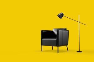3D minimalistic interior with armchair and lamp on yellow background