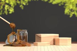 maqueta de escenario hexagonal de madera abstracta con miel