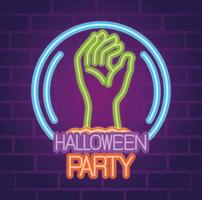 Halloween party neon sign with zombie hand vector