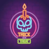 Halloween party neon sign with skull and candle vector