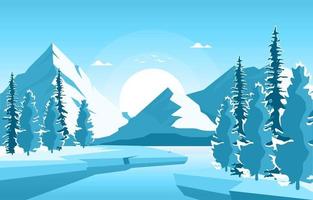 Snowy Winter Nature Landscape with Mountains, Frozen Lake, and Trees vector