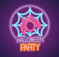 Halloween party neon sign with spider and web vector