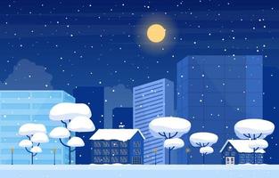 Cozy Snowy Winter City Scene with Trees, Homes, and Moon vector