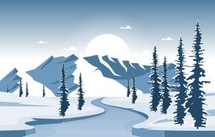 Snowy Winter Landscape with Mountains, Frozen River, and Trees vector