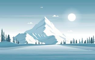 paisaje de invierno nevado con montañas, río congelado y árboles vector