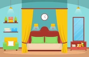 Cozy Bedroom Interior with Double Bed, Lamps and Shelves vector