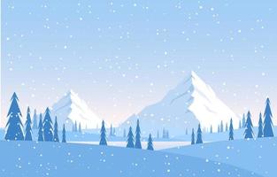 Snowy Winter Landscape with Trees, Mountains, and Snowfall vector