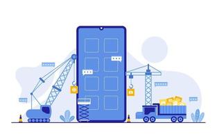 Heavy Trucks and Cranes Building Mobile App on Smartphone Flat Illustration vector