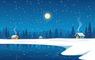 Cozy Winter Forest Scene with Cottages on Frozen Lake at Night vector