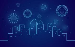 Happy New Year Scene with Fireworks over a Stylized City Skyline vector
