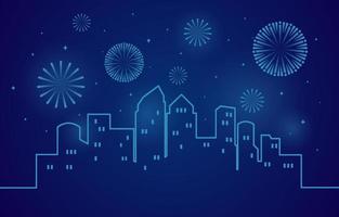 feliz año nuevo escena con fuegos artificiales sobre un horizonte de la ciudad estilizada vector